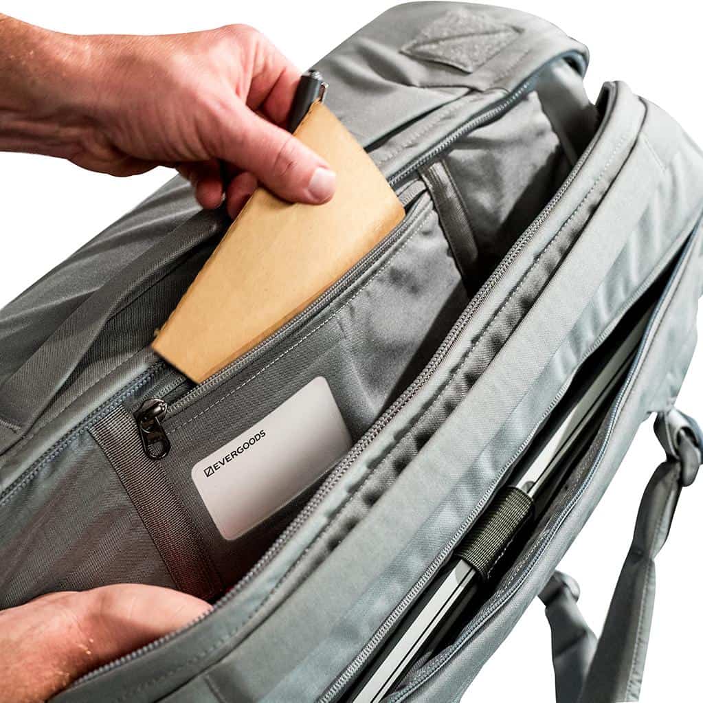 Evergoods Civic Transit Bag 40L Small travel document pocket on the inside lip of the long edge of the bag.