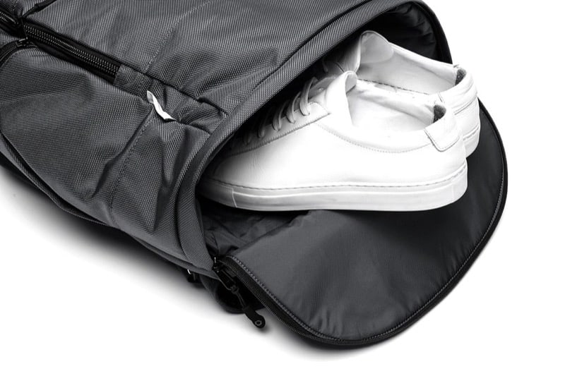DSPTCH Travel Pack Lots of external access on this bag: shoe pocket along with quick access top pocket and two side zippered pockets (both usable as water bottle holders).