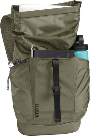 Camelbak Pivot Rolltop Backpack Stash front pocket and side zip pocket.