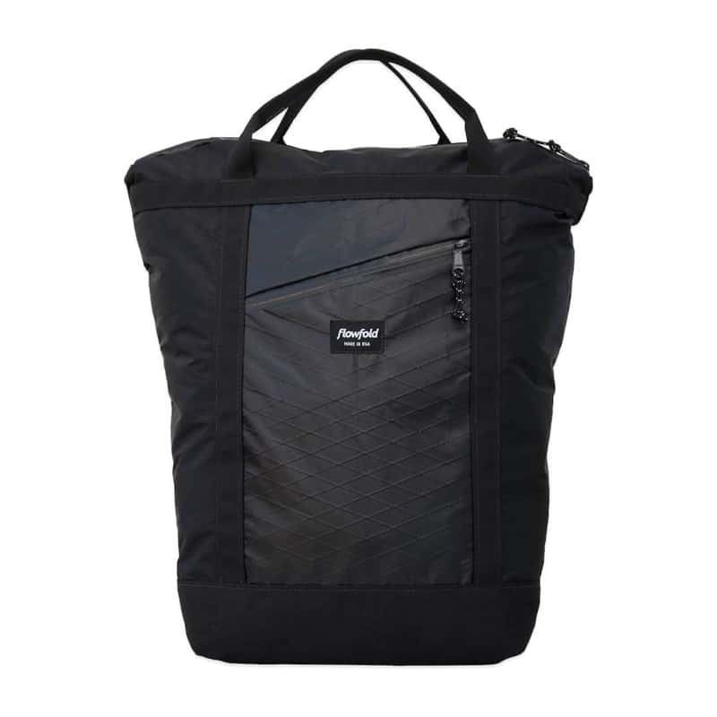 Flowfold Denizen Packable Backpack Front quick access pocket and top handles for carrying as a tote bag.