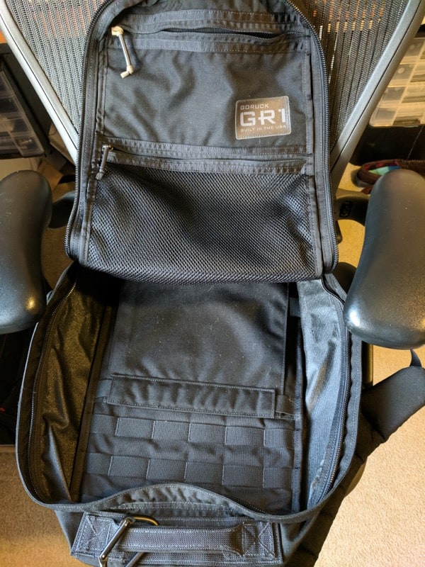 GoRuck GR1 Extremely simple bag in terms of pockets. A couple inside, one on the outside.