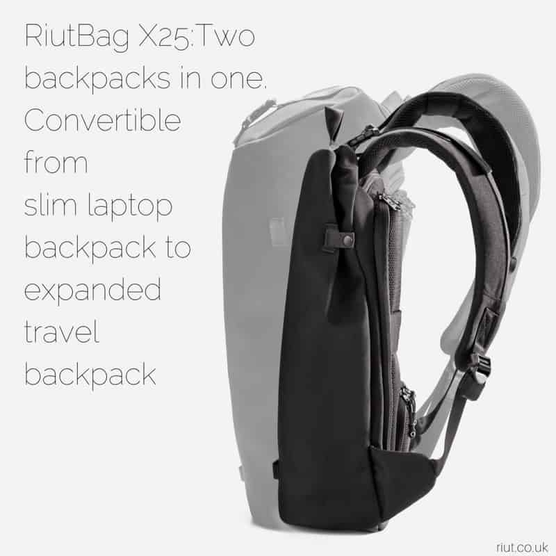 RiutBag X25 Convertible Security Backpack Expands out to a solid minimal travel backpack... shrinks to a great daily carry.