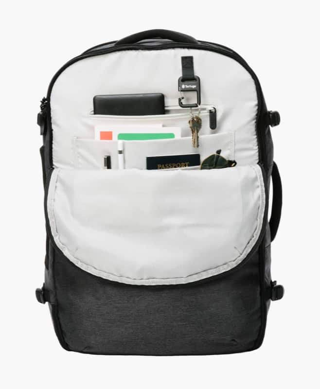 Tortuga Setout Travel Backpackpack Lots of organization for the little stuff in the main organization panel. Also features dual water bottle pockets, laptop and tablet pockets, quick access pocket.