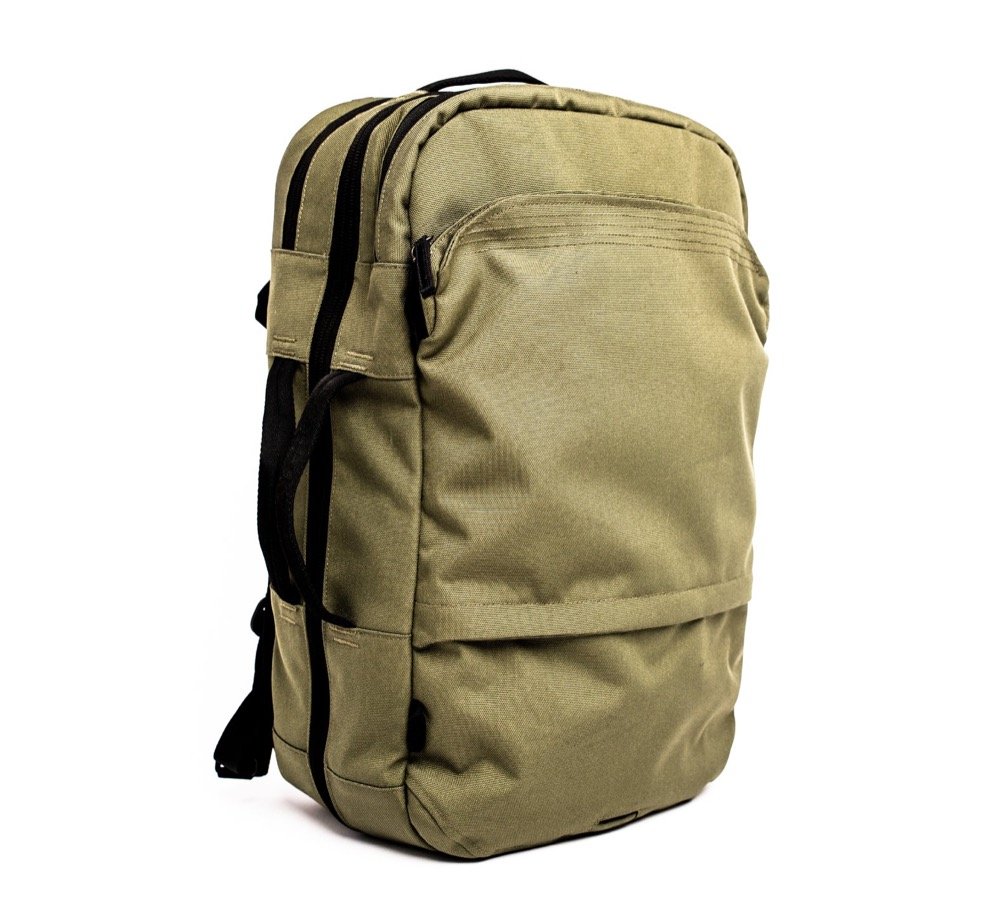 Pakt Travel Backpack Clean, minimal styling (black + olive)